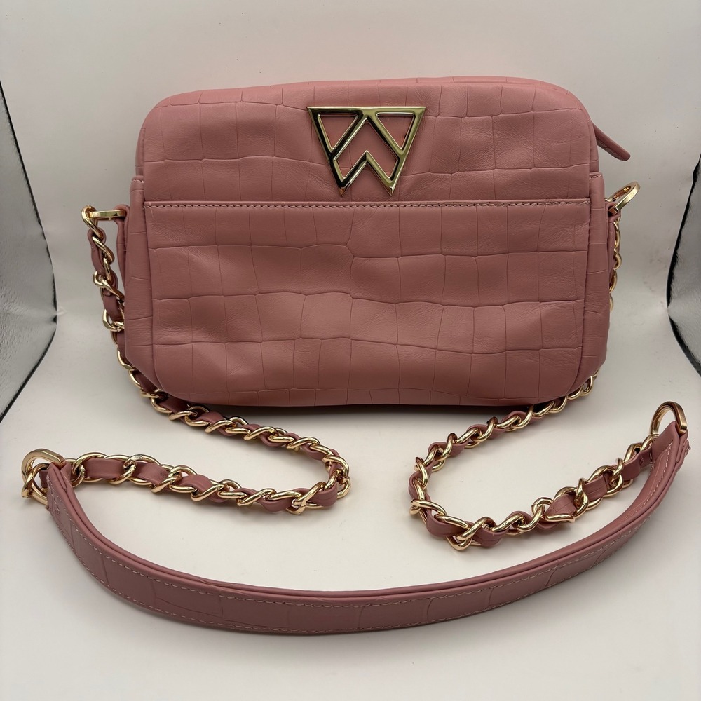 Kelly Wynne Pink Croc Embossed Leather‎ Chain Shoulder Bag Purse